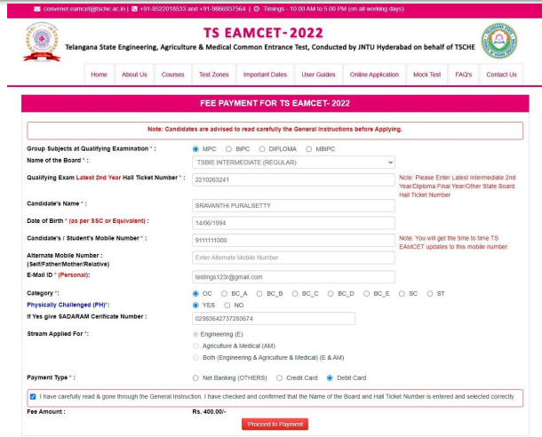 TS-EAMCET Registration Fee